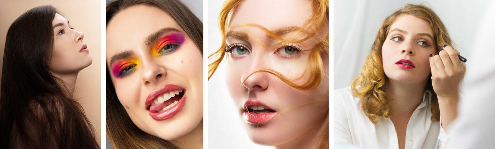 Quatre portraits en lumière de studio : maquillage coloré, lumière douce et jeux de cheveux