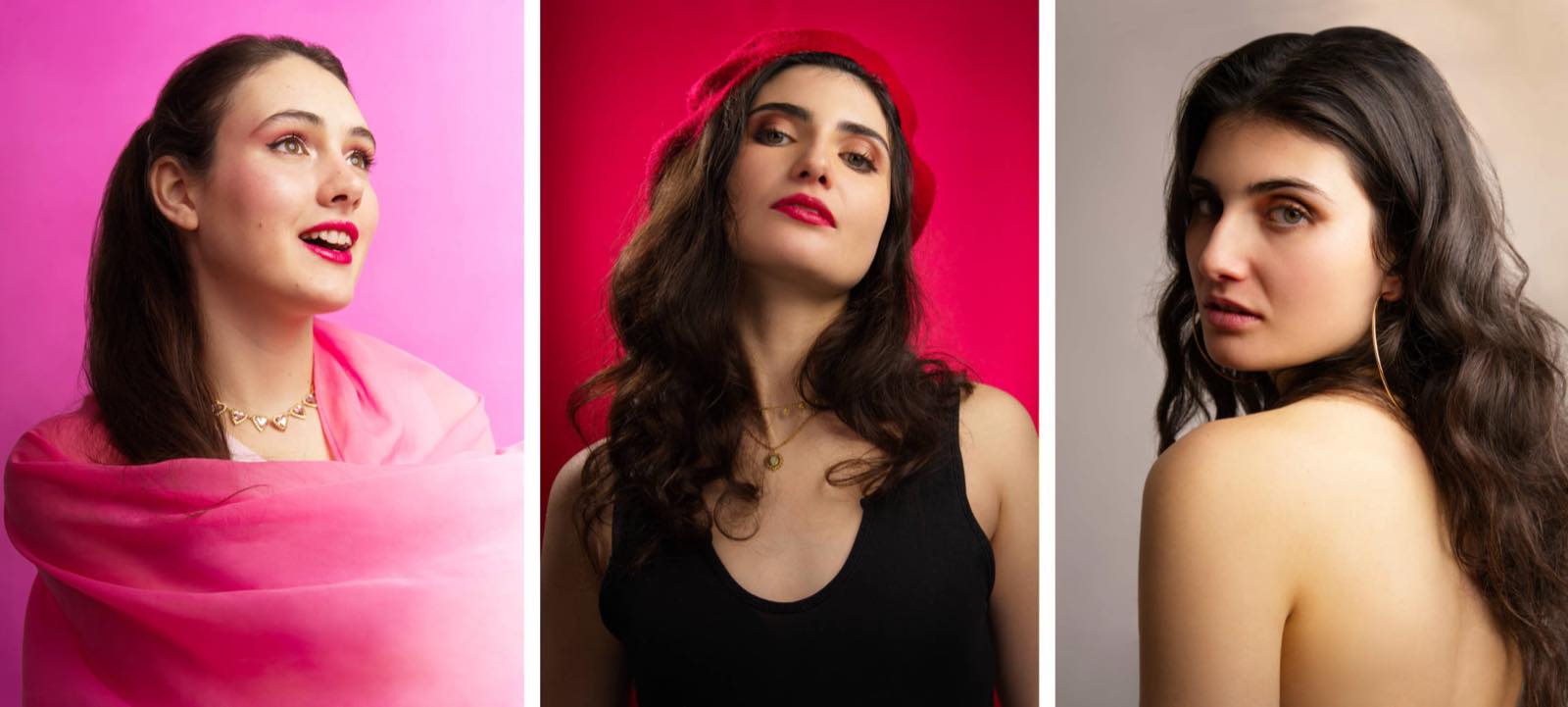 Trois portraits de Sasha et Jeanne, réalisés en lumière de studio sur fonds rose, rouge et beige